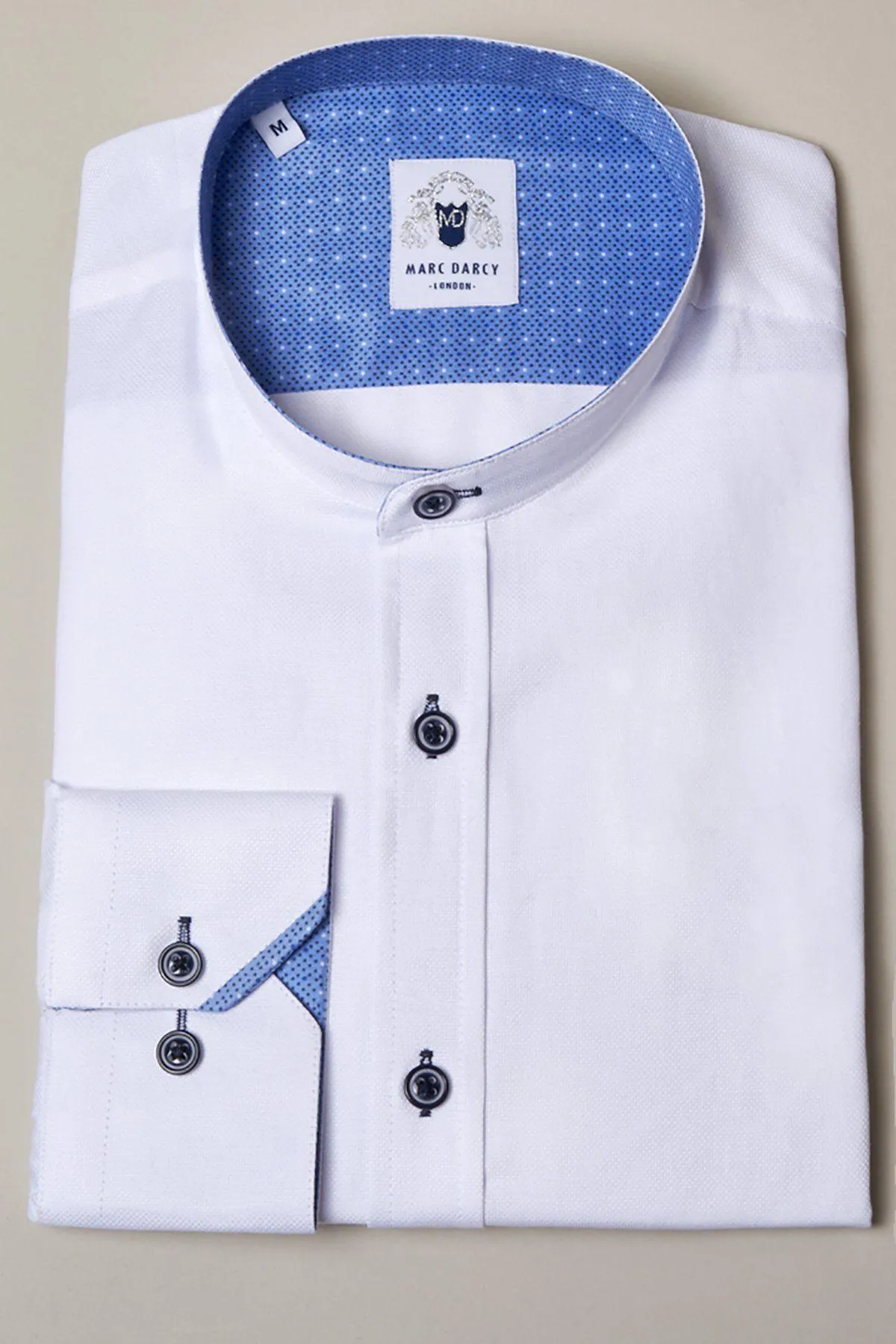 ARCHIE - White Grandad Collar Shirt With Navy Buttons sold by Marc Darcy