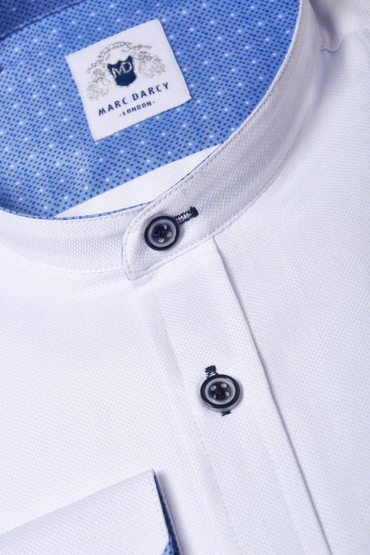ARCHIE - White Grandad Collar Shirt With Navy Buttons sold by Marc Darcy product image thumbnail 2