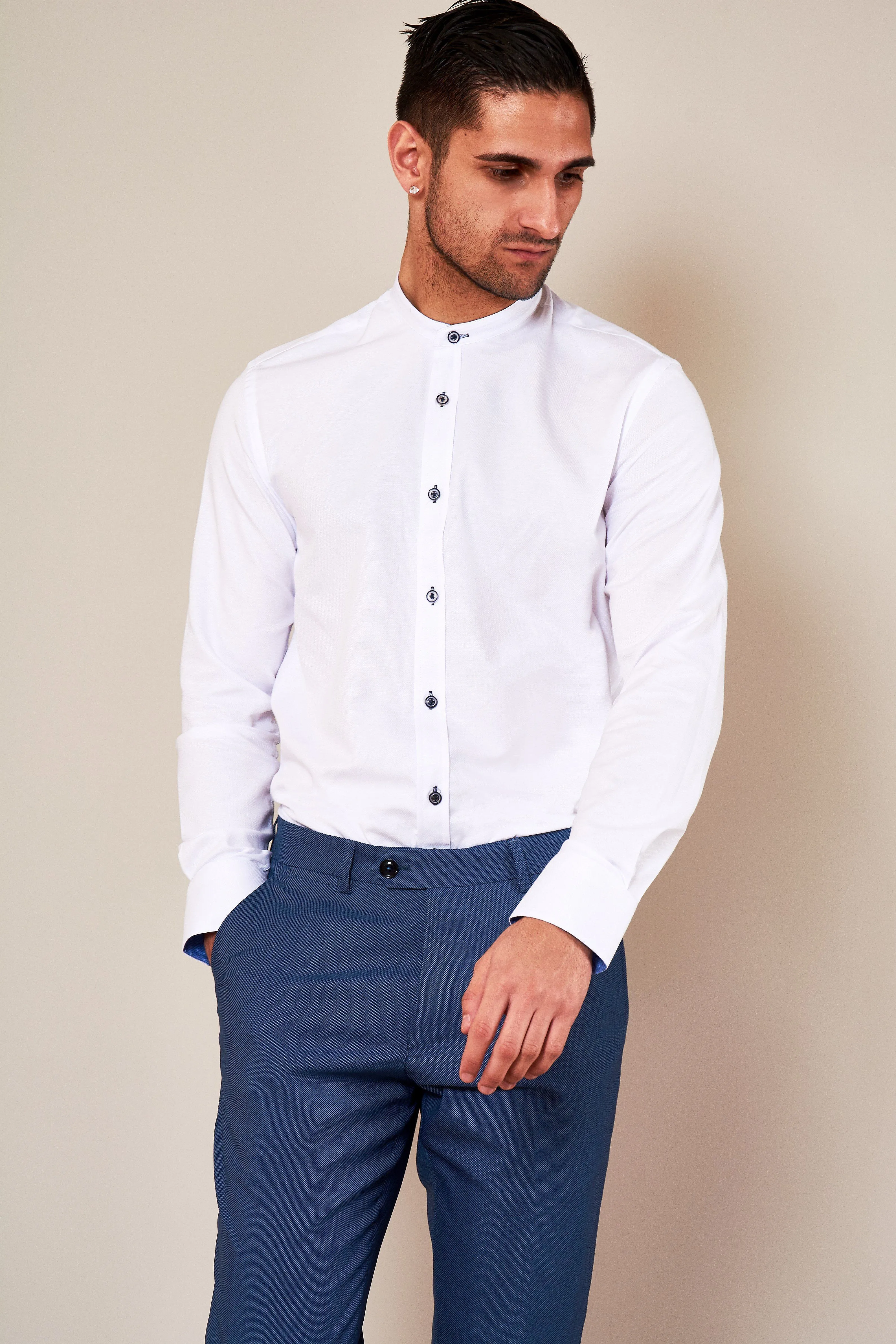 ARCHIE - White Grandad Collar Shirt With Navy Buttons sold by Marc Darcy product image thumbnail 3