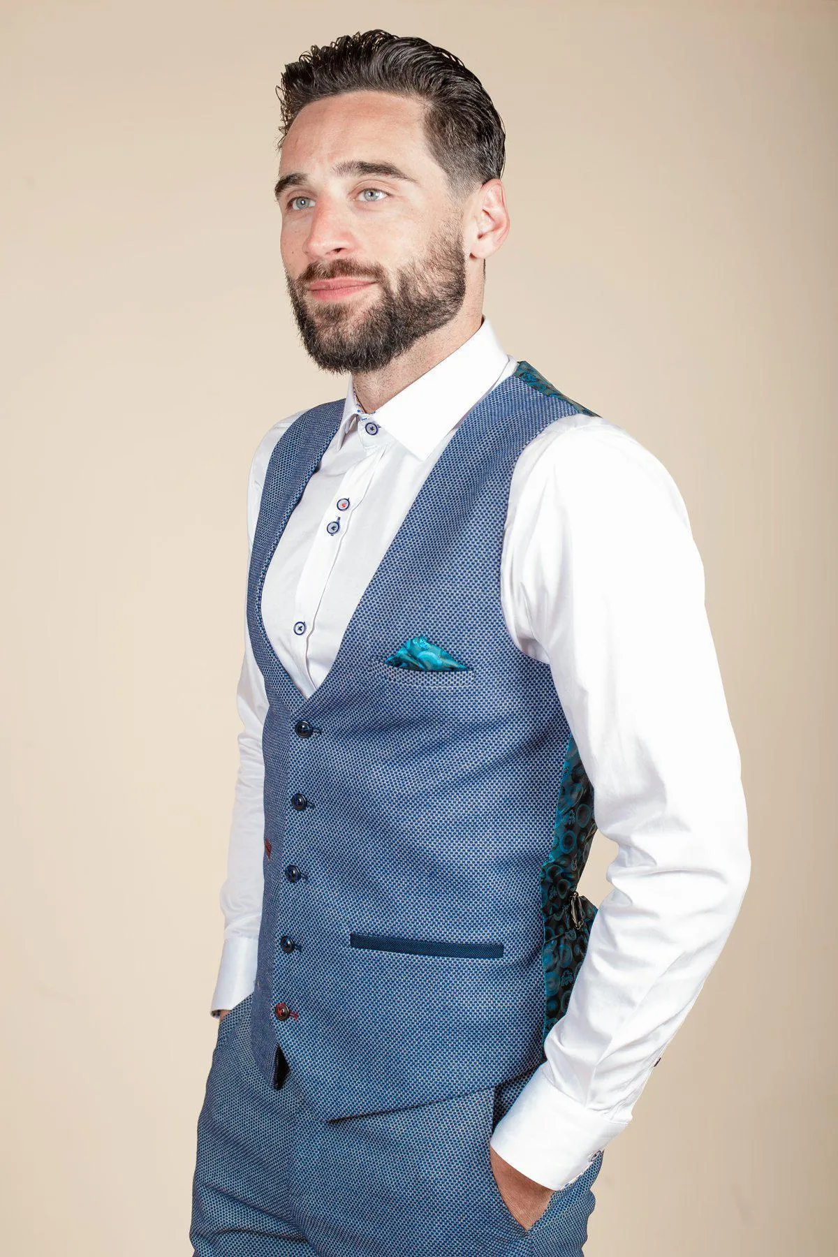 WILSON - Blue Birdseye Waistcoat sold by Marc Darcy