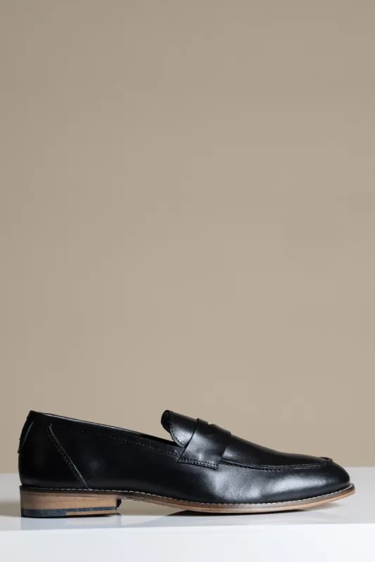 JASPER - Black Leather Penny Loafer Shoe sold by Marc Darcy