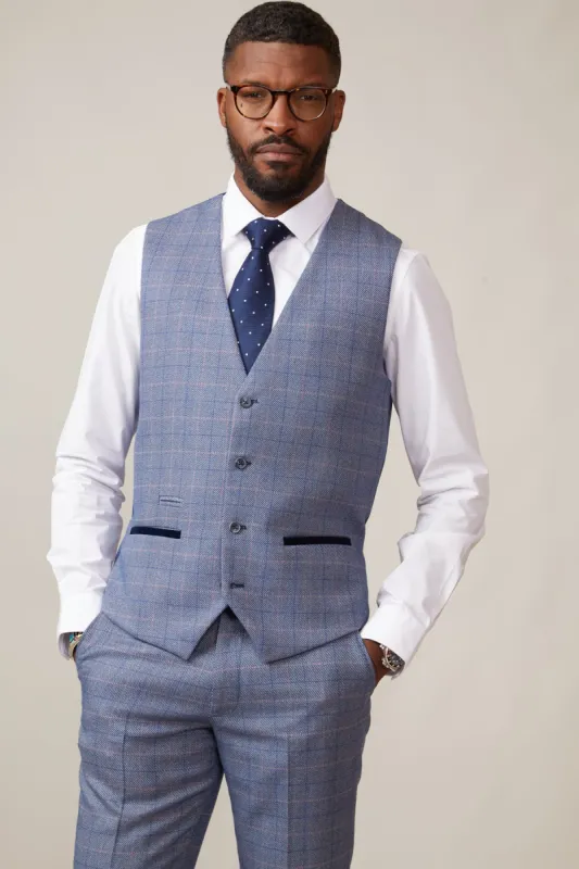 HILTON - Blue Tweed Check Single Breasted Waistcoat made by Marc Darcy