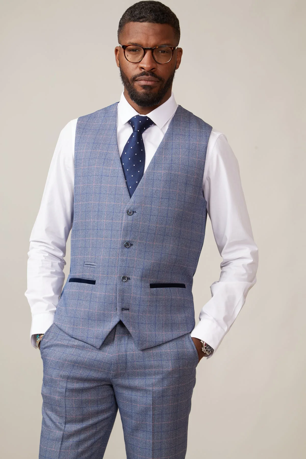 HILTON - Blue Tweed Check Single Breasted Waistcoat sold by Marc Darcy