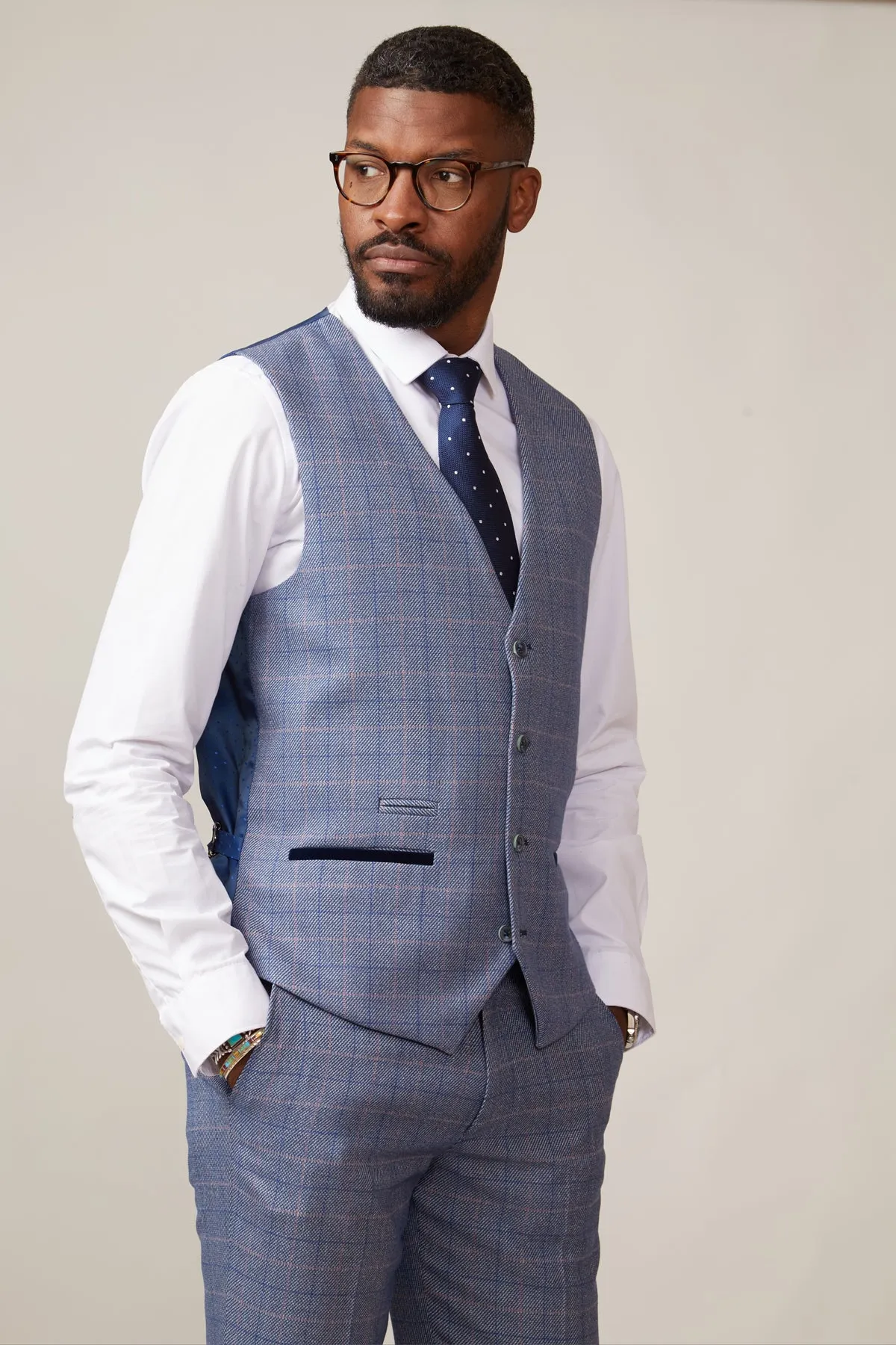HILTON - Blue Tweed Check Single Breasted Waistcoat sold by Marc Darcy product image thumbnail 5