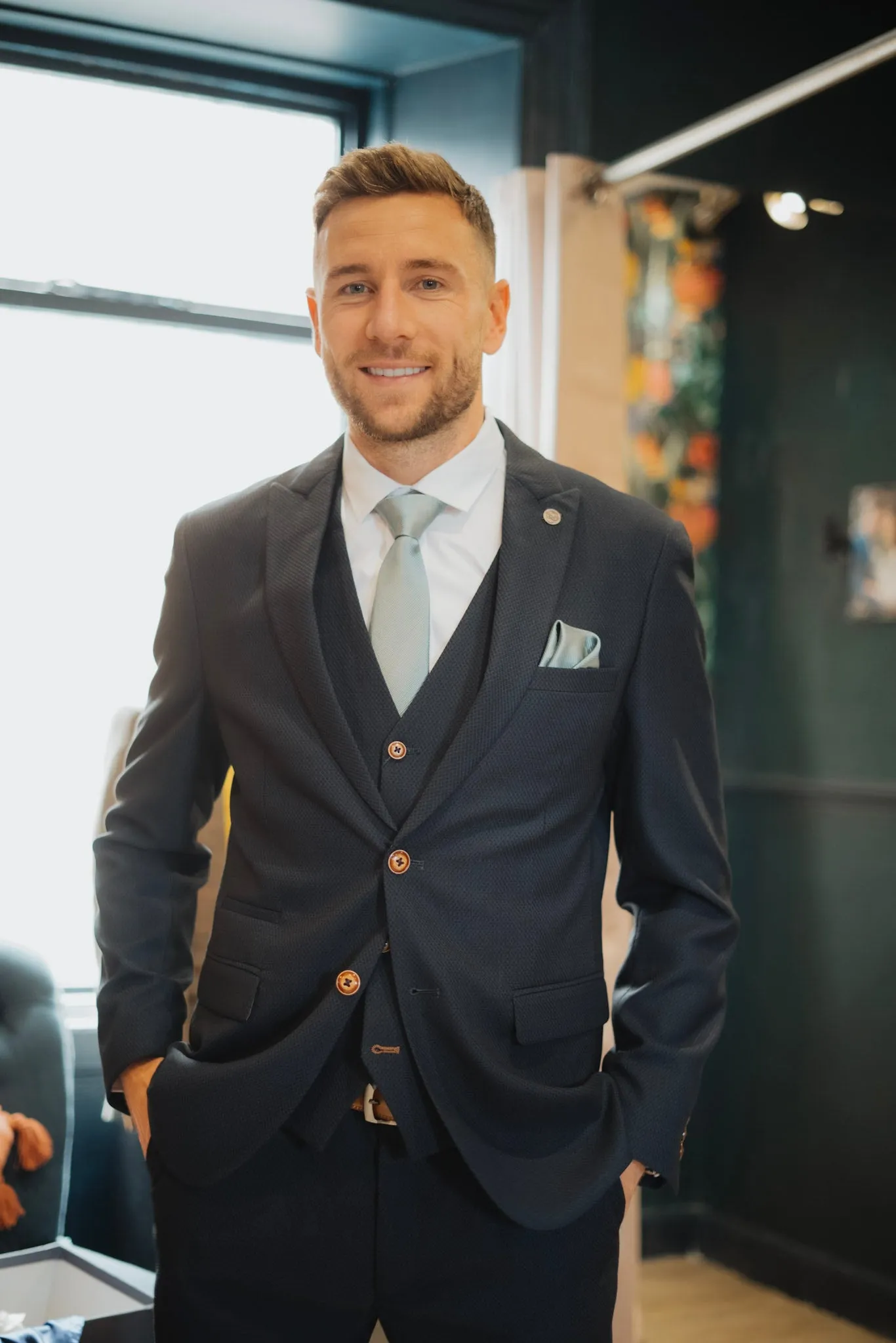 Former Newcastle United Defender Paul Dummett in Max Navy Suit sold by Marc Darcy