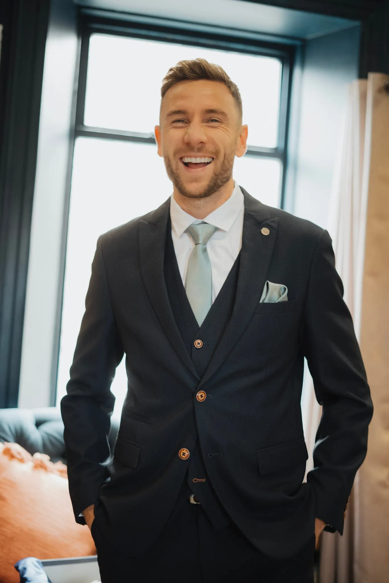 Former Newcastle United Defender Paul Dummett in Max Navy Suit sold by Marc Darcy product image thumbnail 3