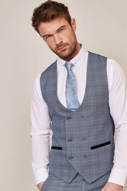 HILTON - Blue Tweed Check Double Breasted Waistcoat made by Marc Darcy