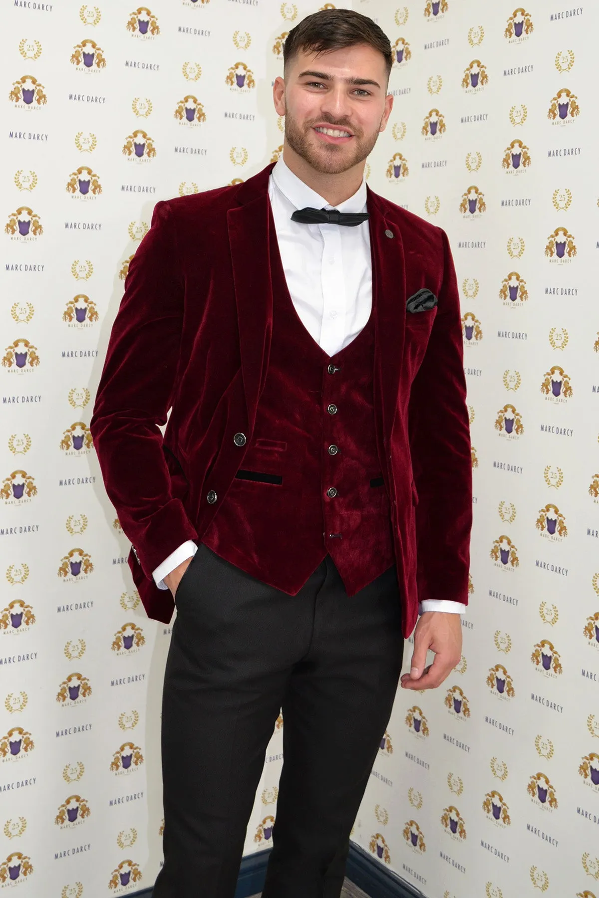 'I'm A Celebrity Get Me Out Of Here' 2022 Runner Up Owen Warner in HUDSON Wine Velvet Blazer & Waistcoat sold by Marc Darcy product image thumbnail 2