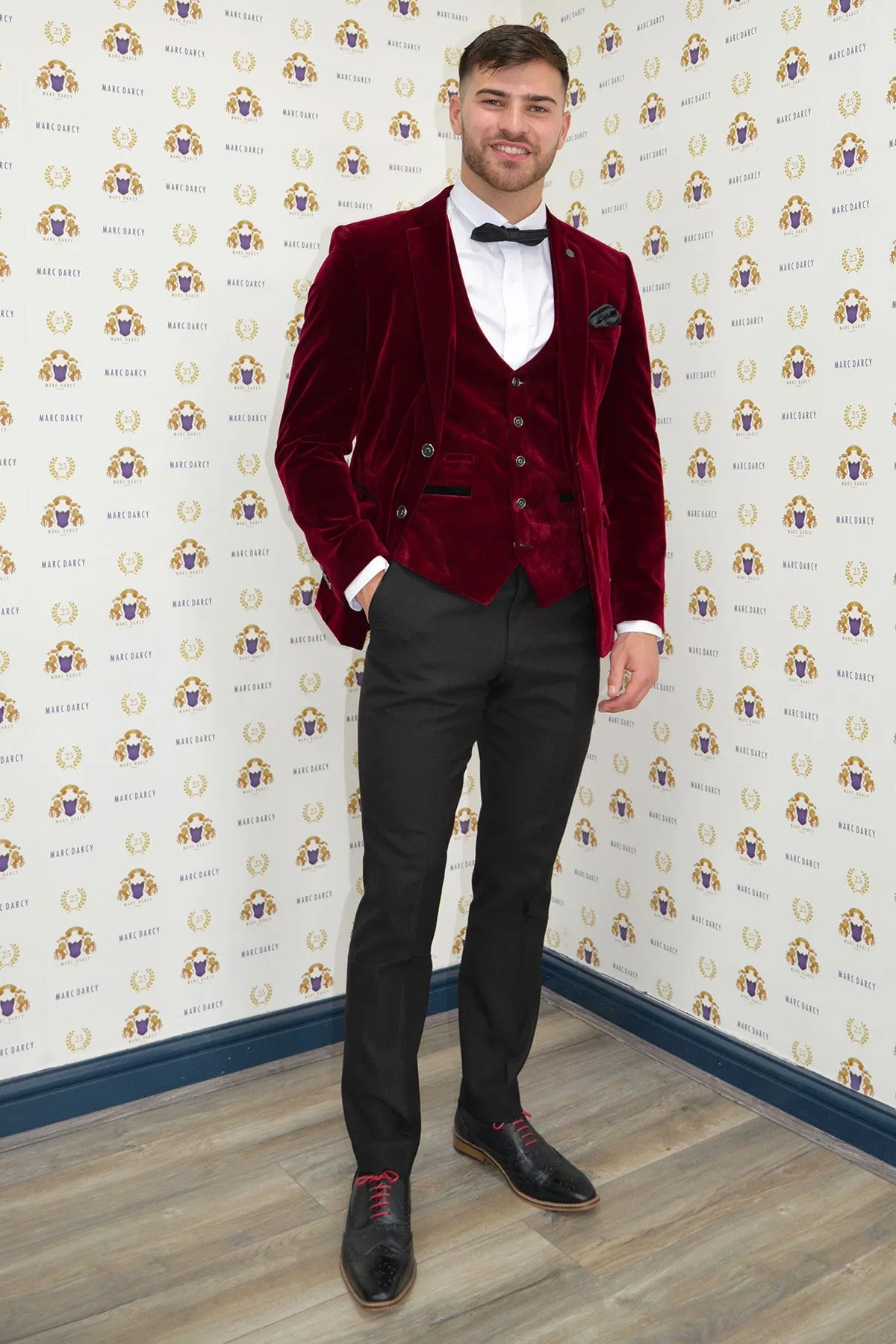 'I'm A Celebrity Get Me Out Of Here' 2022 Runner Up Owen Warner in HUDSON Wine Velvet Blazer & Waistcoat sold by Marc Darcy
