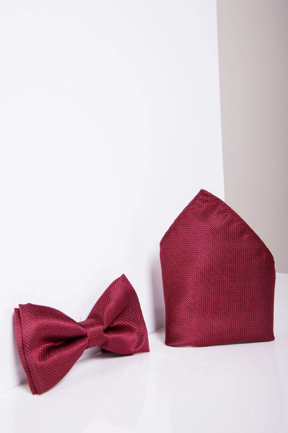 TOBY - Birdseye Print Bow Tie and Pocket Square Set In Wine sold by Marc Darcy