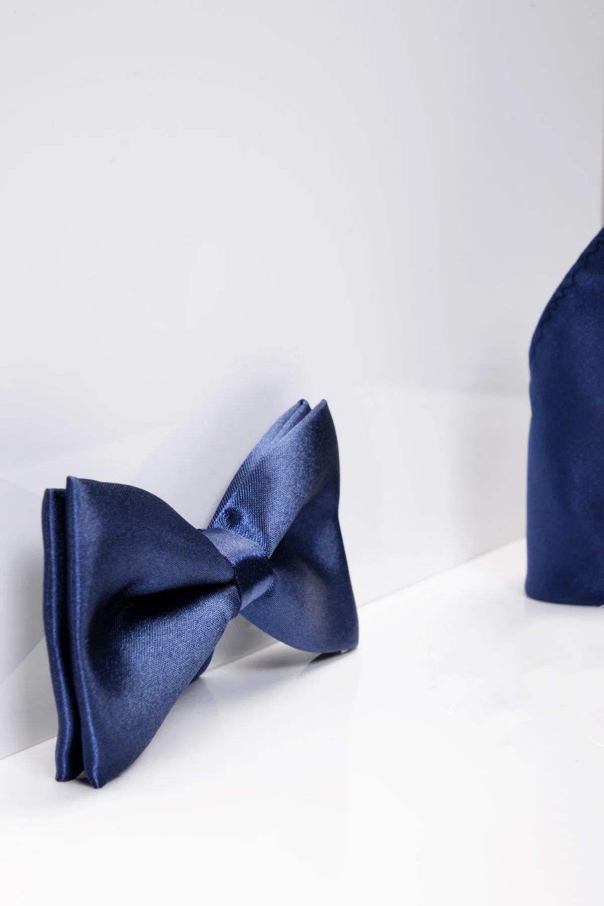 STANLEY - Satin Bow Tie and Pocket Square Set In Navy sold by Marc Darcy product image thumbnail 2