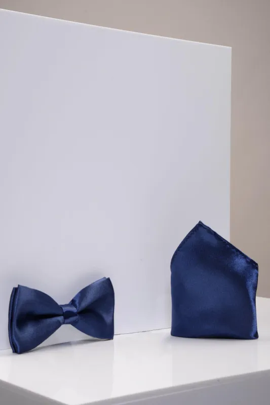 STANLEY - Satin Bow Tie and Pocket Square Set In Navy sold by Marc Darcy
