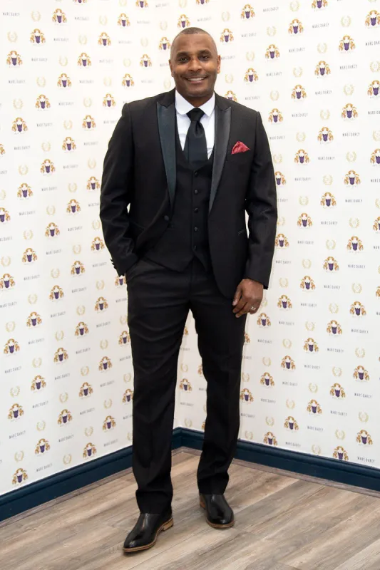 Former Crystal Palace Footballer Clinton Morrison In DALTON Black Tux Lapel Suit sold by Marc Darcy