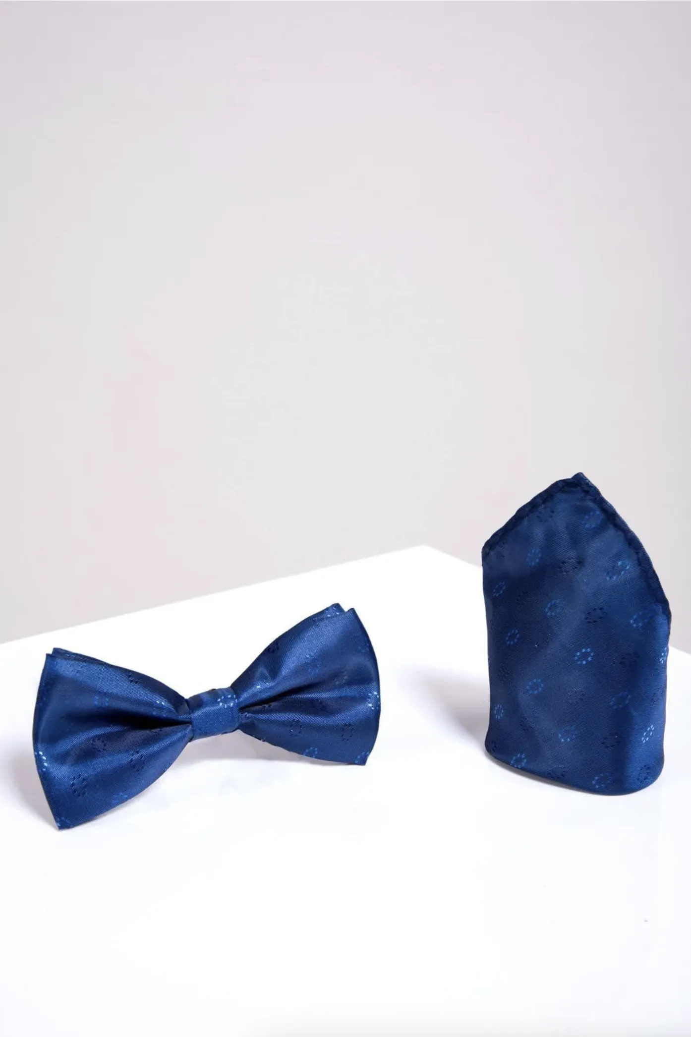 BT CIRCLES - Blue Circle Print Bow Tie and Pocket Square Set sold by Marc Darcy