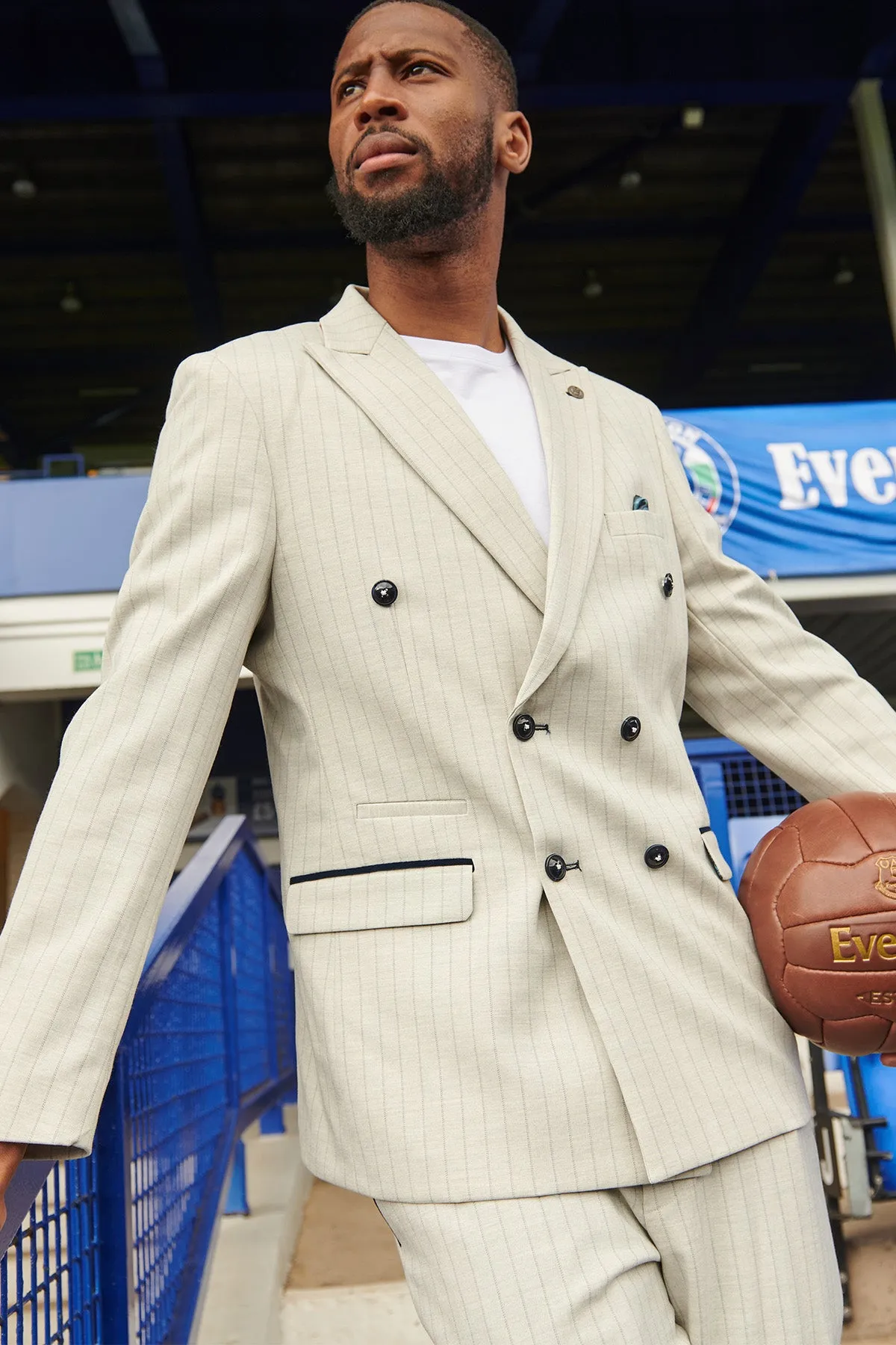 The Everton Collection | Beto In GRANT Stone Pinstripe Double Breasted Suit sold by Marc Darcy
