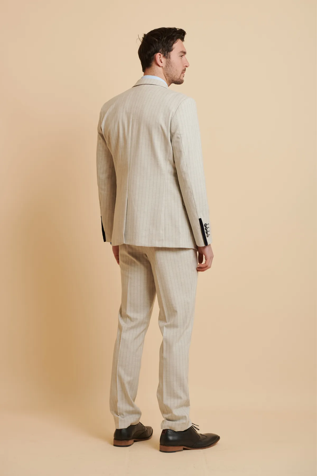 The Everton Collection | Beto In GRANT Stone Pinstripe Double Breasted Suit sold by Marc Darcy product image thumbnail 4