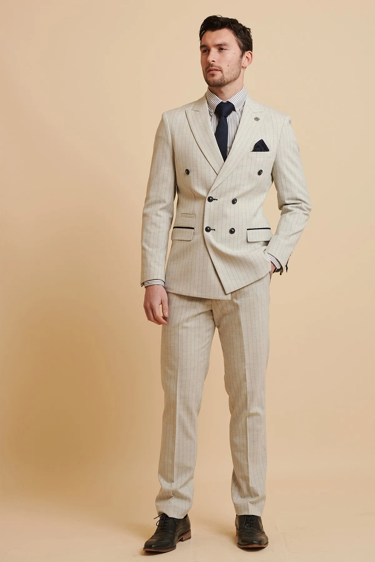 The Everton Collection | Beto In GRANT Stone Pinstripe Double Breasted Suit sold by Marc Darcy product image thumbnail 5