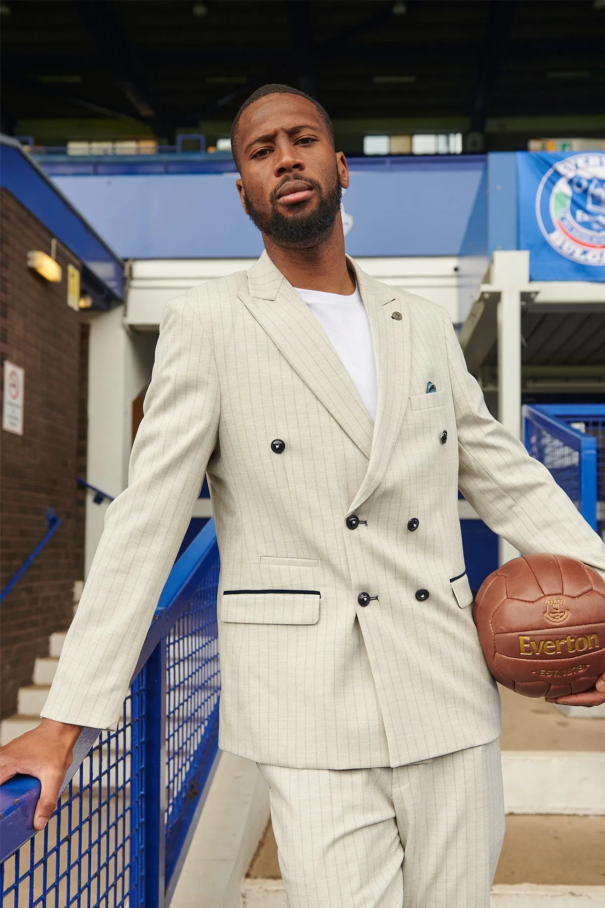The Everton Collection | Beto In GRANT Stone Pinstripe Double Breasted Suit sold by Marc Darcy product image thumbnail 2