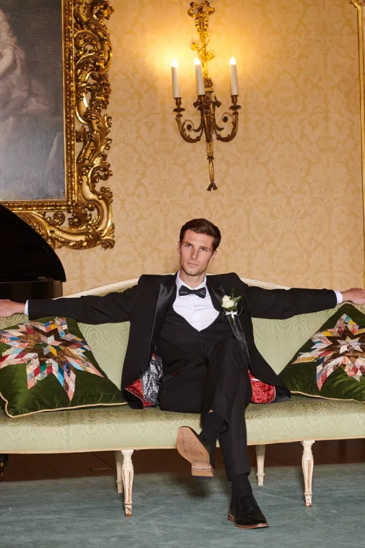 DALTON - Black Tux Lapel Diamond Three Piece Suit sold by Marc Darcy