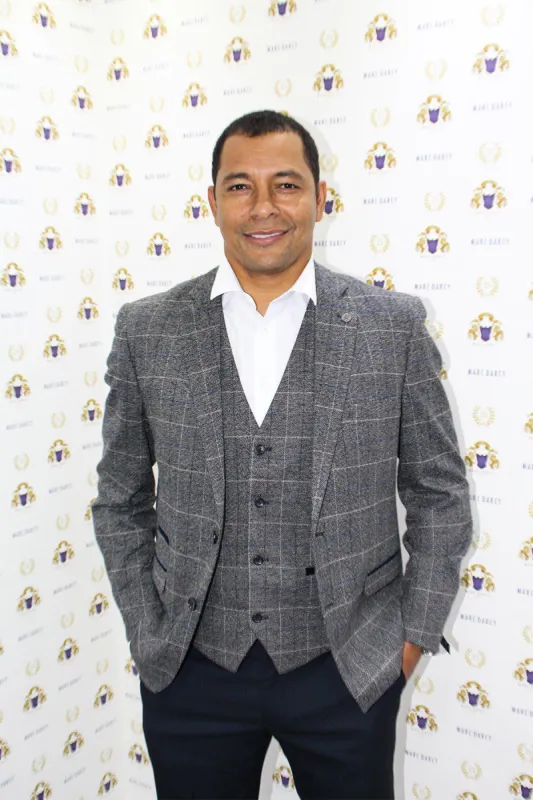 Former Arsenal Midfielder and Invincible Gilberto Silva in Scott Grey Tweed Check Blazer & Waistcoat sold by Marc Darcy