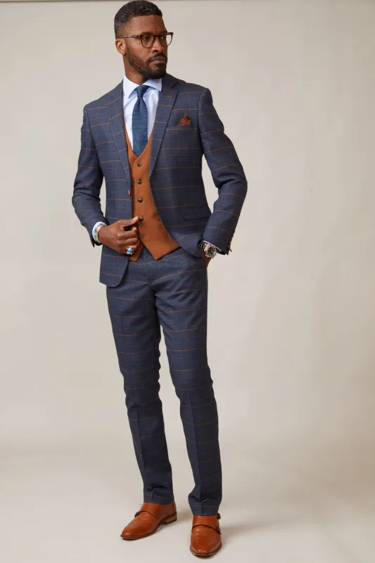 JENSON - Marine Navy Check Suit With Kelvin Tan Waistcoat sold by Marc Darcy