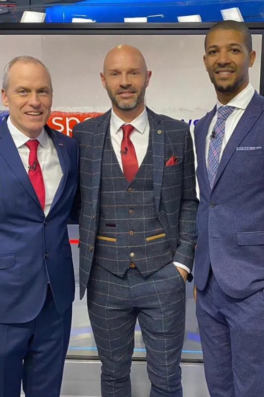 Former Leeds United Footballer Danny Mills in Eton Navy Tweed Check Suit sold by Marc Darcy