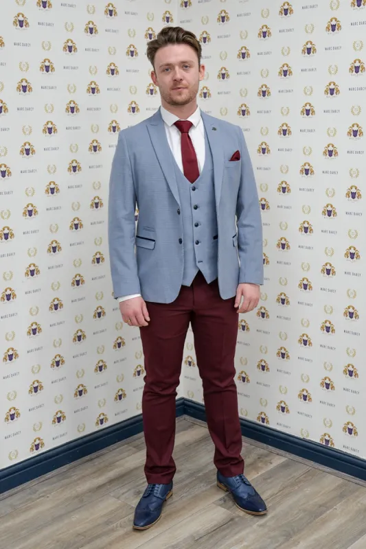 Coronation Street's Joel Deering (Calum Lill) in BROMLEY Sky Blue Blazer With Wine Chinos sold by Marc Darcy
