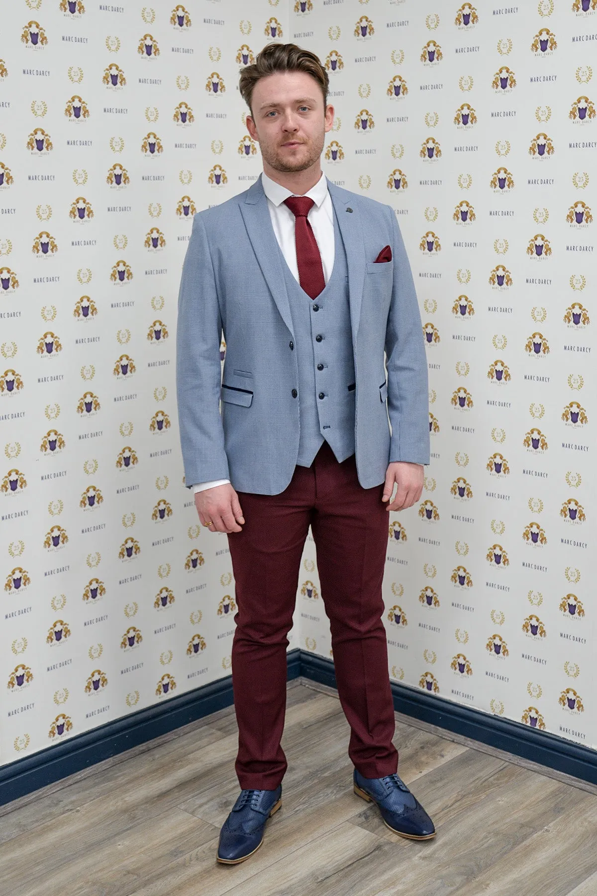 Coronation Street's Joel Deering (Calum Lill) in BROMLEY Sky Blue Blazer With Wine Chinos sold by Marc Darcy