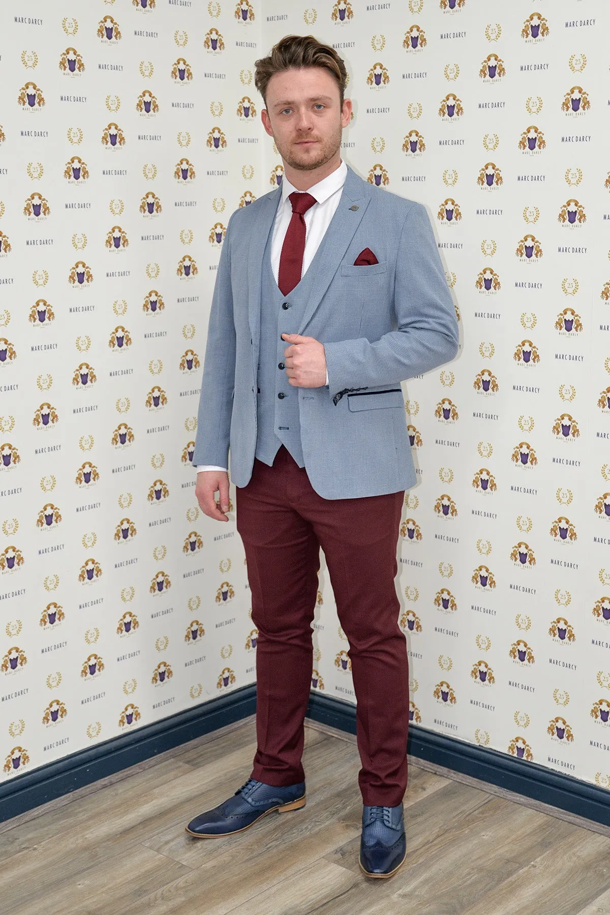 Coronation Street's Joel Deering (Calum Lill) in BROMLEY Sky Blue Blazer With Wine Chinos sold by Marc Darcy product image thumbnail 3