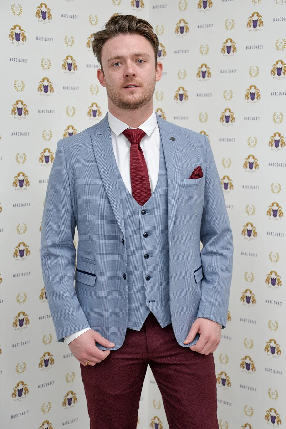 Coronation Street's Joel Deering (Calum Lill) in BROMLEY Sky Blue Blazer With Wine Chinos sold by Marc Darcy product image thumbnail 2