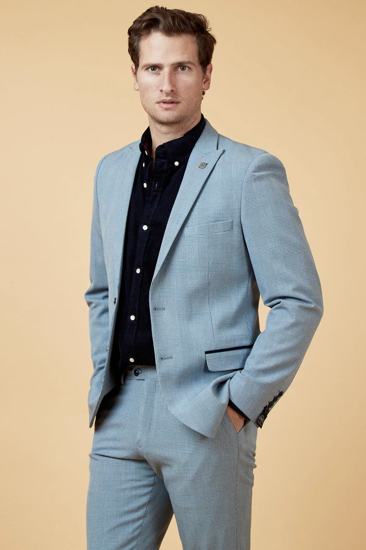 Coronation Street's Joel Deering (Calum Lill) in BROMLEY Sky Blue Blazer With Wine Chinos sold by Marc Darcy product image thumbnail 4