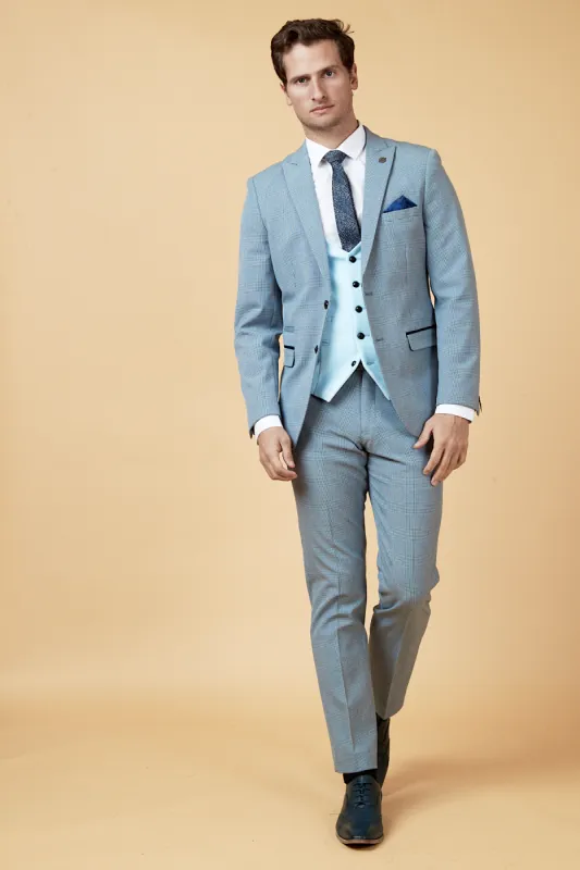 BROMLEY - Sky Check Suit with Kelvin Sky Waistcoat sold by Marc Darcy