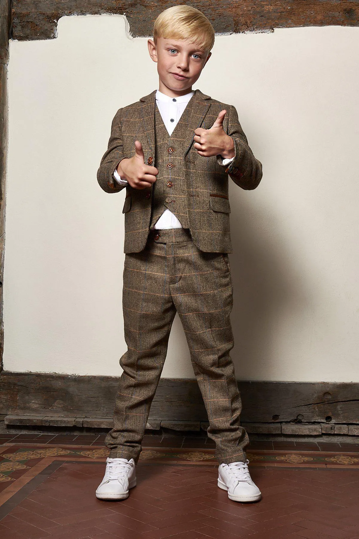 Matching Father & Son | Men’s TED Tan Tweed Check Three Piece Suit sold by Marc Darcy product image thumbnail 4