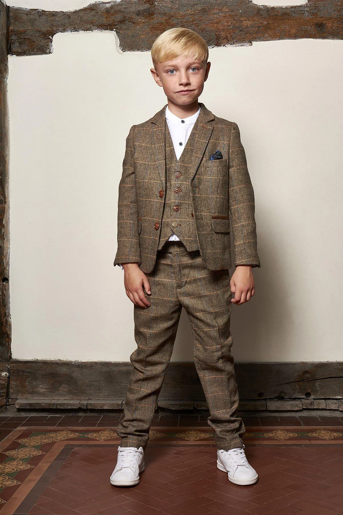 Matching Father & Son | Men’s TED Tan Tweed Check Three Piece Suit sold by Marc Darcy product image thumbnail 3