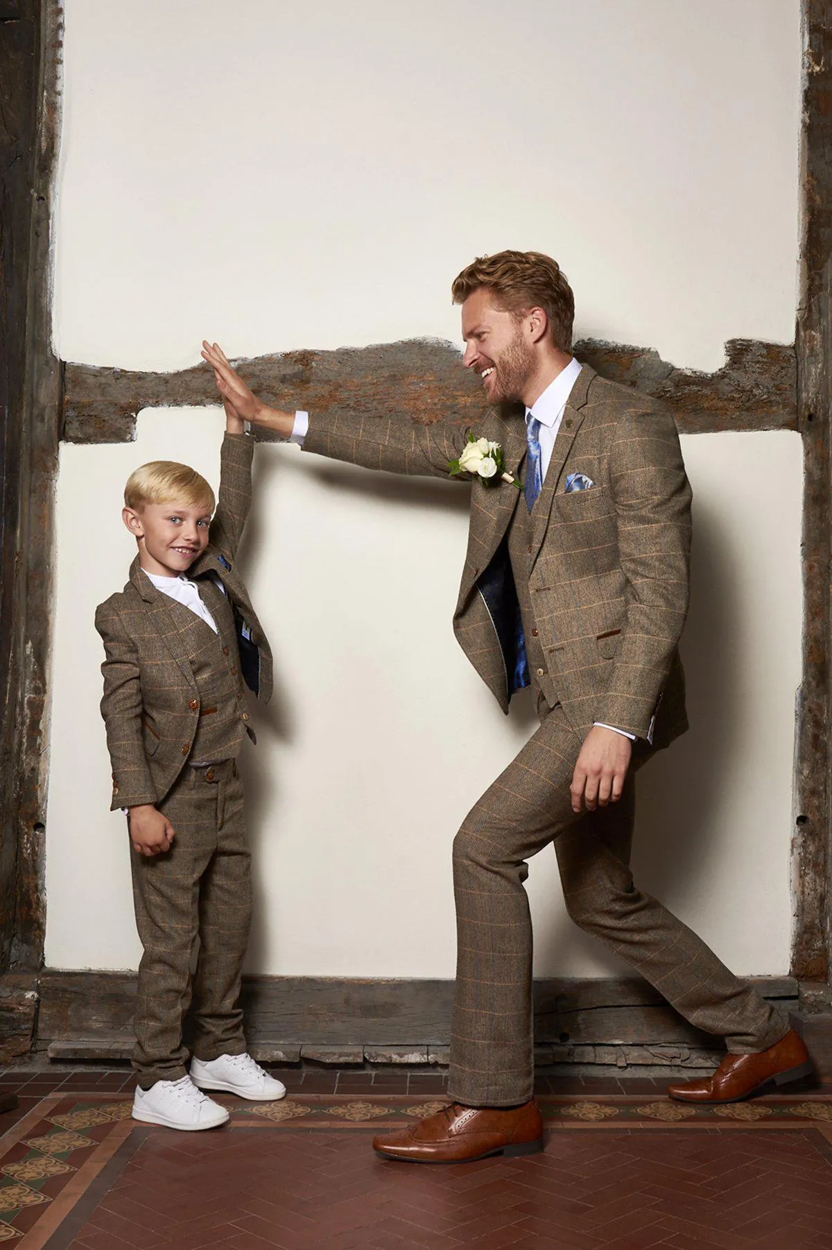 Matching Father & Son | Men’s TED Tan Tweed Check Three Piece Suit sold by Marc Darcy product image thumbnail 2