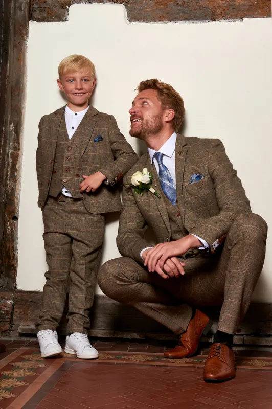 Matching Father & Son | Men’s TED Tan Tweed Check Three Piece Suit made by Marc Darcy