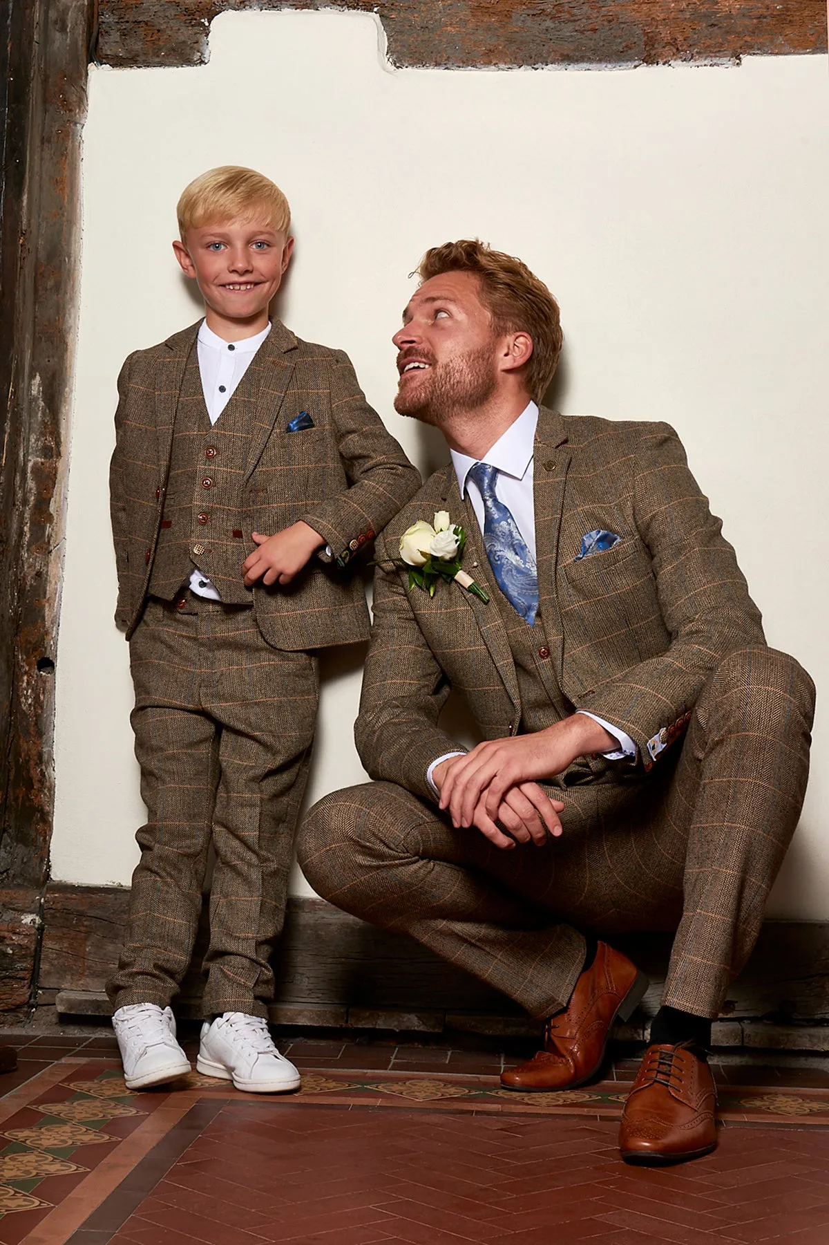 Matching Father & Son | Men’s TED Tan Tweed Check Three Piece Suit sold by Marc Darcy