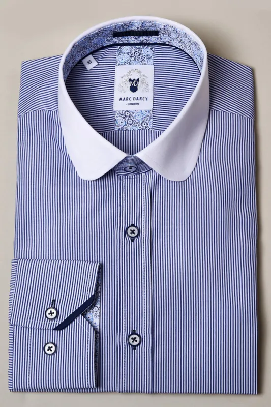 SHELBY - Navy Blue Stripe Penny Collar Shirt sold by Marc Darcy