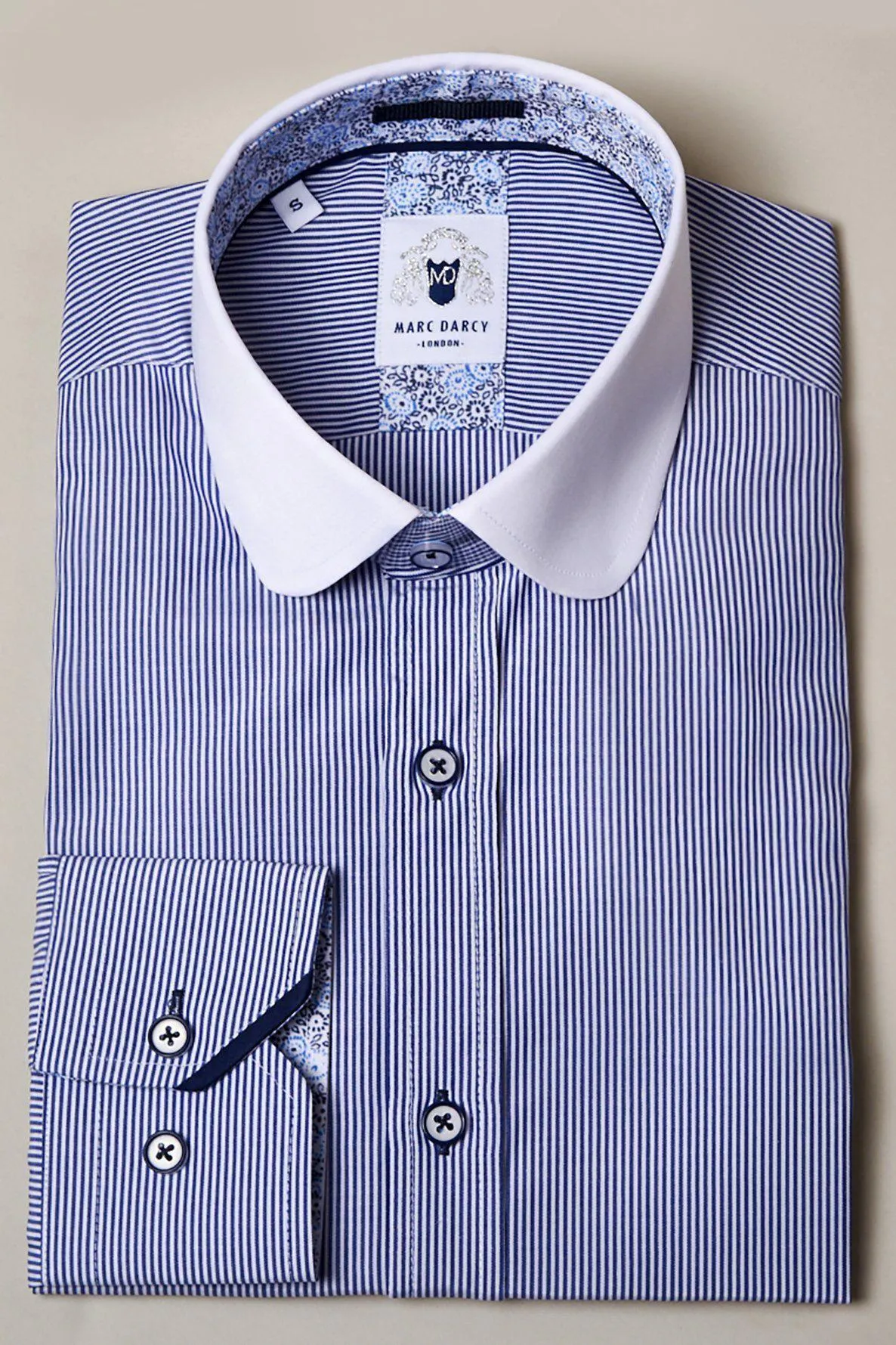 SHELBY - Navy Blue Stripe Penny Collar Shirt sold by Marc Darcy