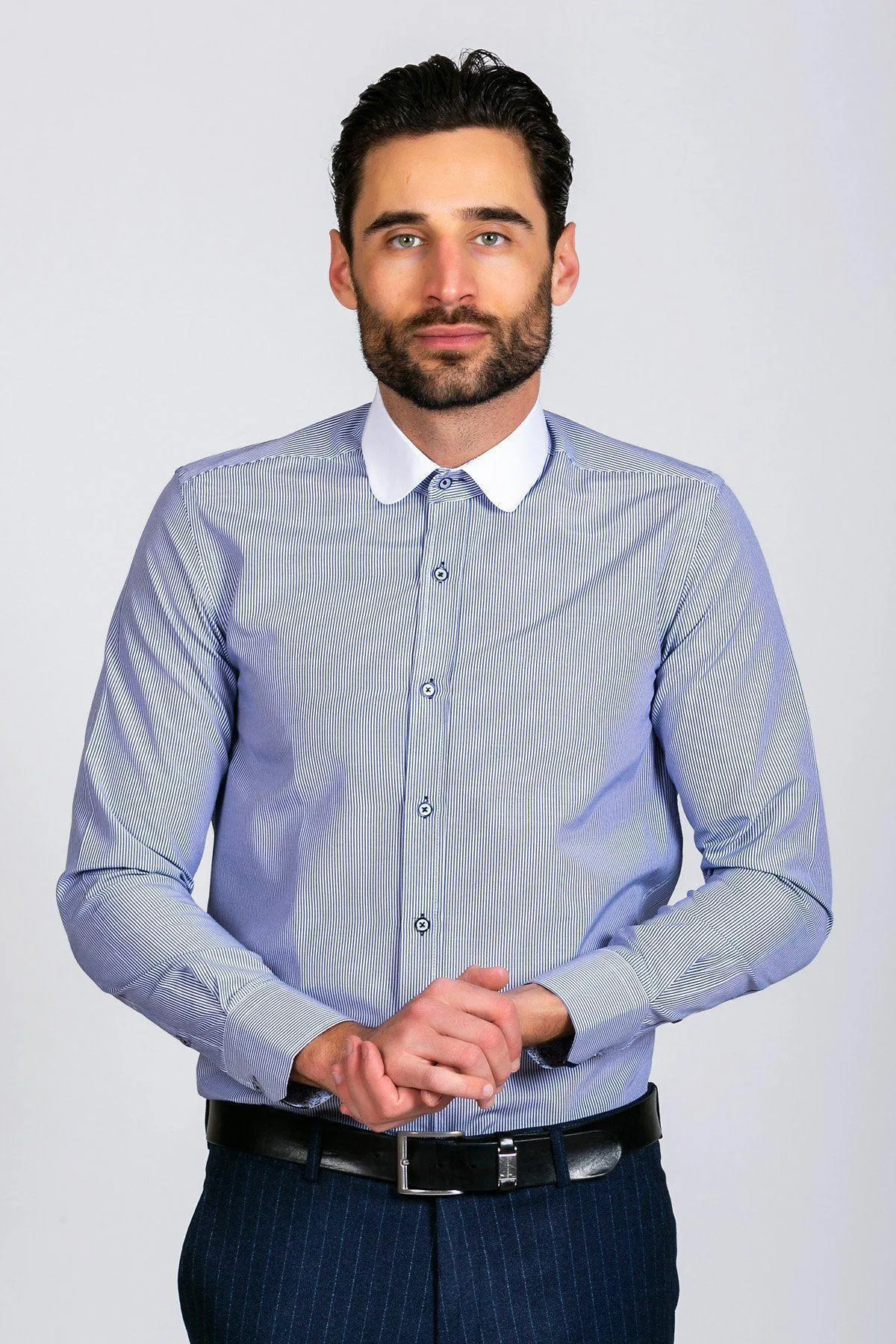 SHELBY - Navy Blue Stripe Penny Collar Shirt sold by Marc Darcy product image thumbnail 3
