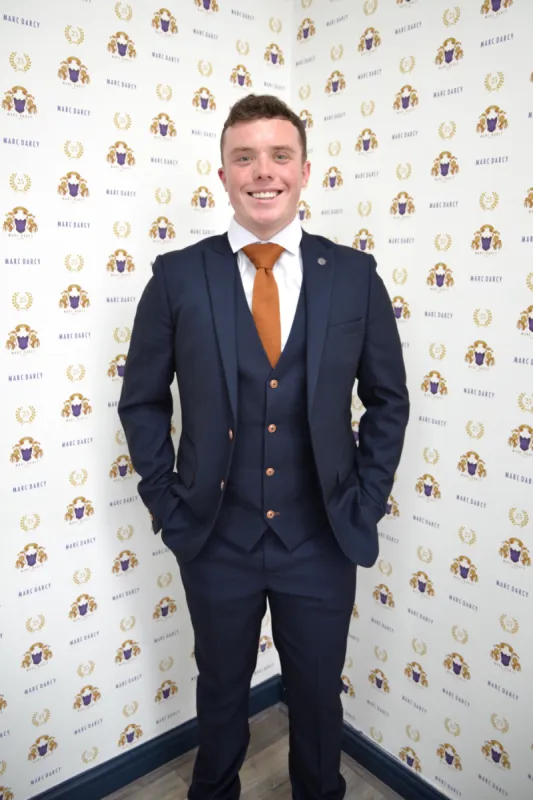 Emmerdale's Bradley Johnson (Vinny Dingle) in Max Navy Suit sold by Marc Darcy