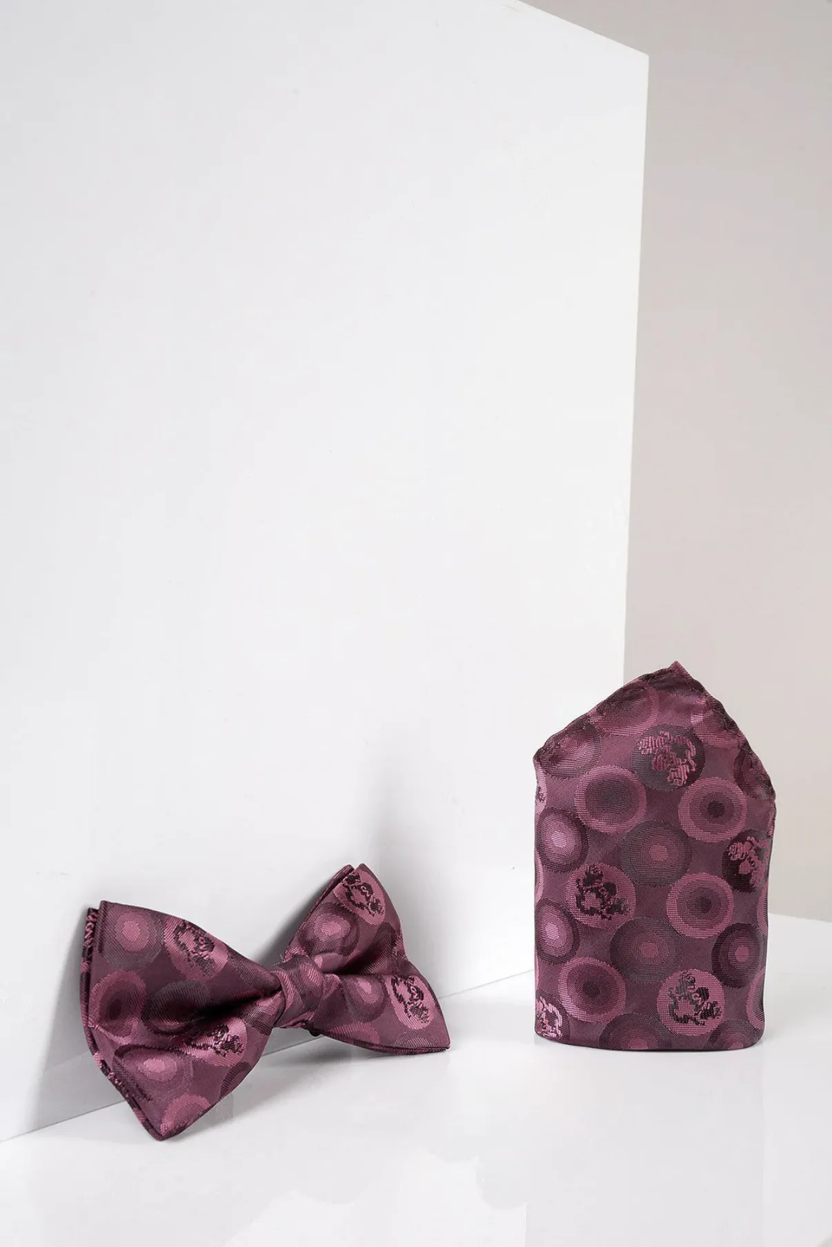 BUBBLES - Berry Bubble Circle Print Bow Tie and Pocket Square Set sold by Marc Darcy