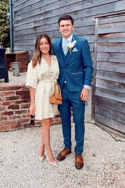 Manchester United Defender Harry Maguire in Dion Blue Tweed Check Suit sold by Marc Darcy