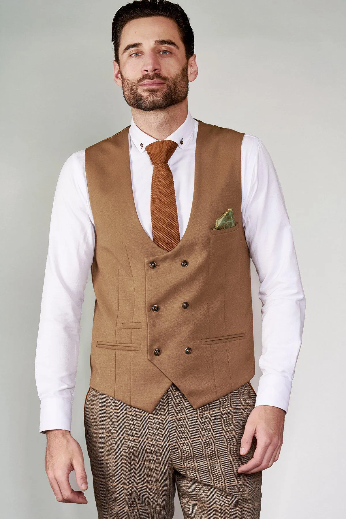 KELLY - Tan Double Breasted Waistcoat sold by Marc Darcy