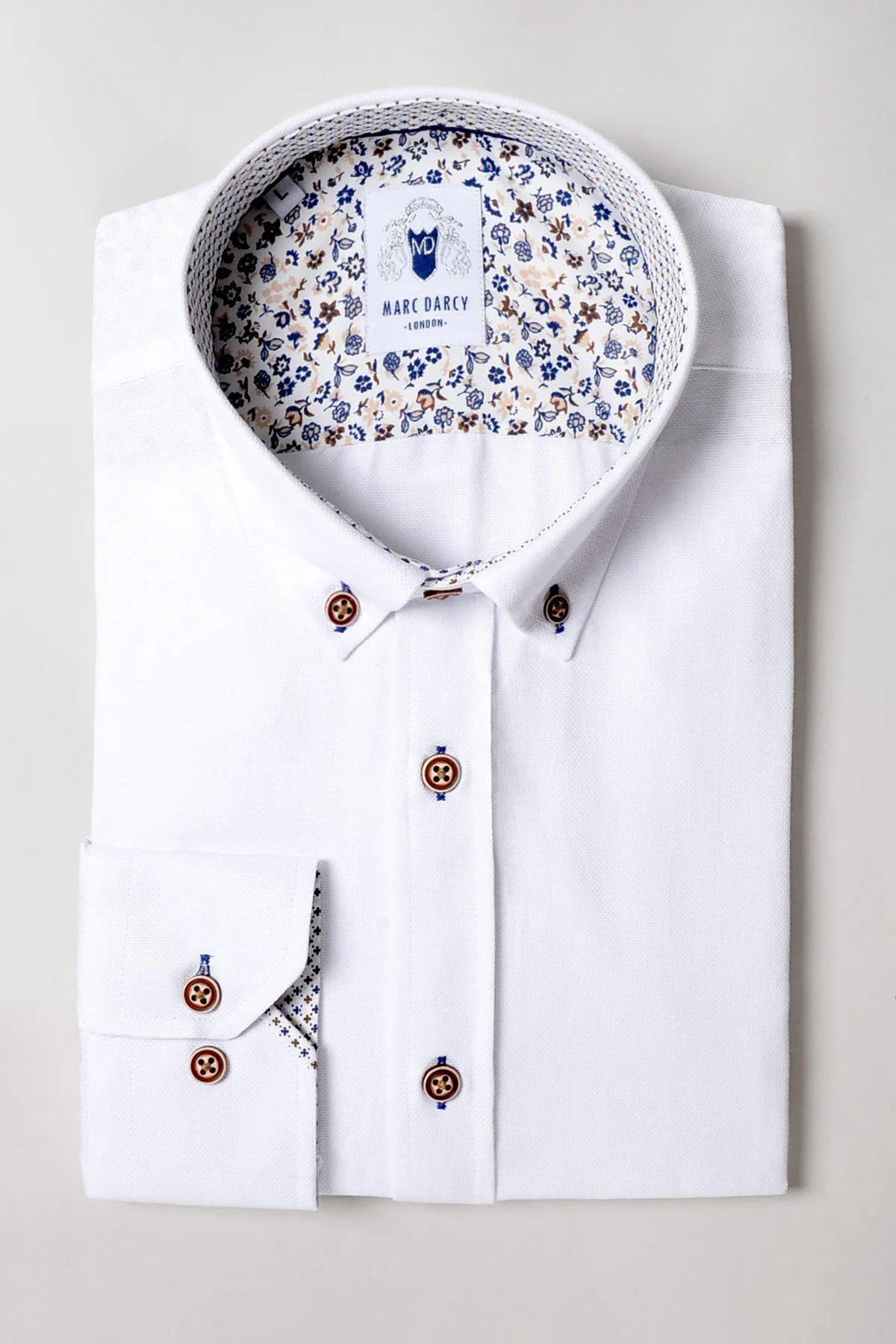 CHARLIE - White Oxford Shirt With Tan Buttons sold by Marc Darcy