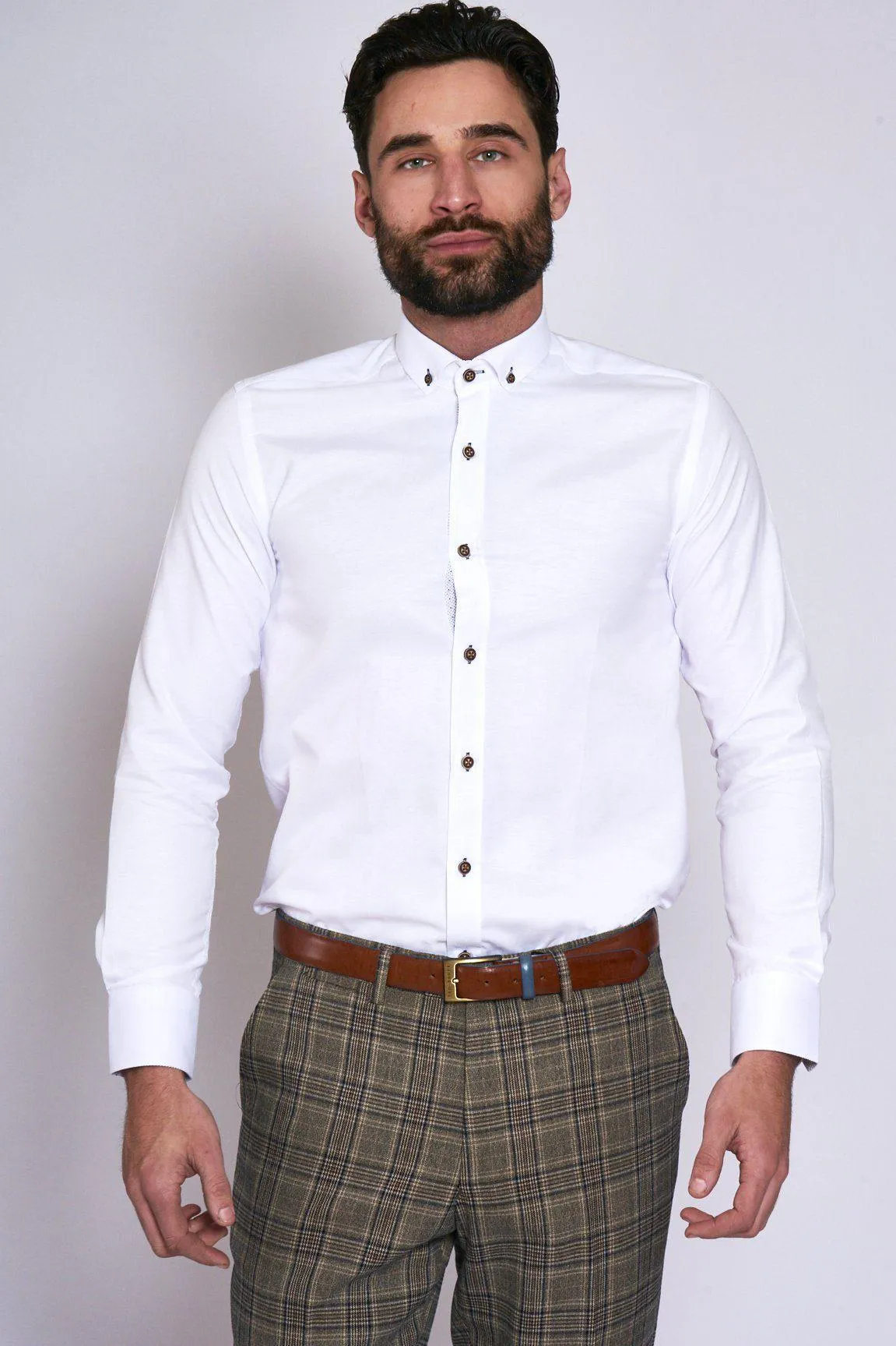 CHARLIE - White Oxford Shirt With Tan Buttons sold by Marc Darcy product image thumbnail 3