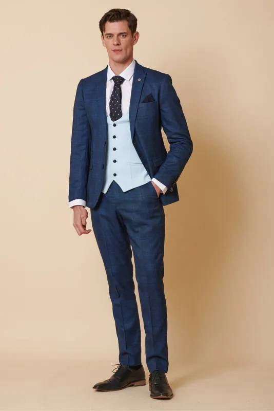 JERRY - Blue Check Suit With Kelvin Sky Waistcoat sold by Marc Darcy