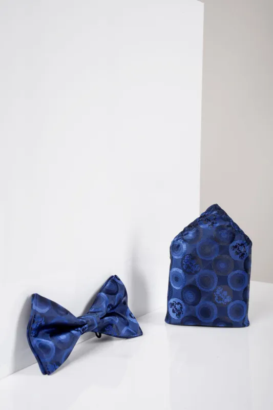 BUBBLES - Navy Bubble Circle Print Bow Tie and Pocket Square Set sold by Marc Darcy