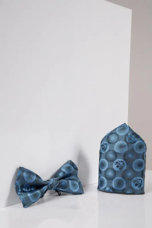 BUBBLES - Sky Teal Bubble Circle Print Bow Tie and Pocket Square Set sold by Marc Darcy
