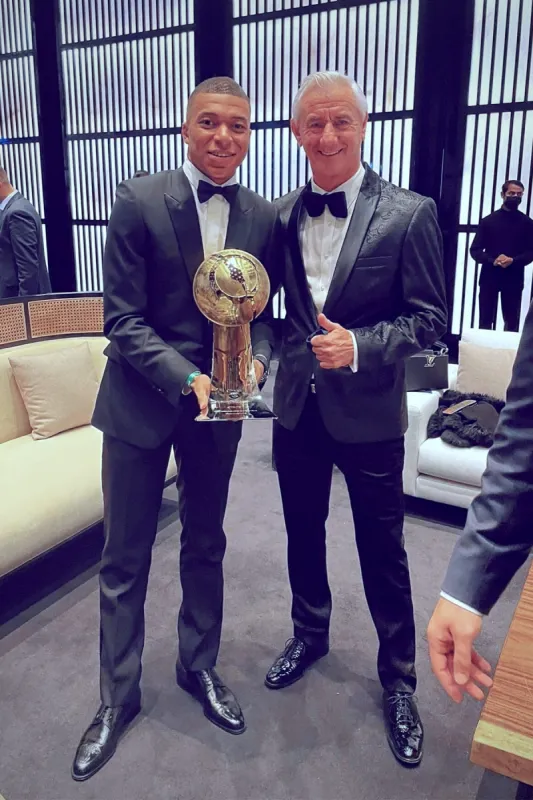Ian Rush with Kylian Mbappé in Simon Black Velvet Blazer sold by Marc Darcy